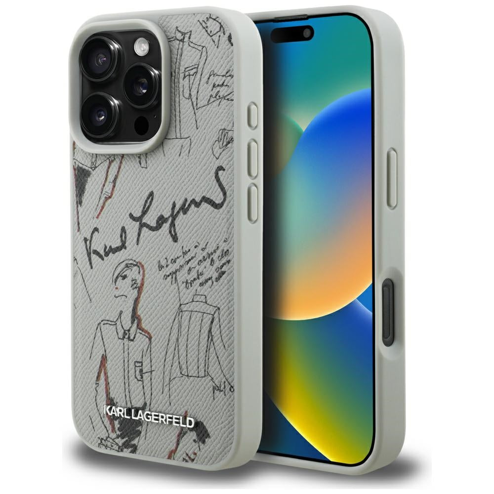 Karl Lagerfeld Grained Pattern &amp; Logo MagSafe Case for iPhone 16 Pro - Gray_0