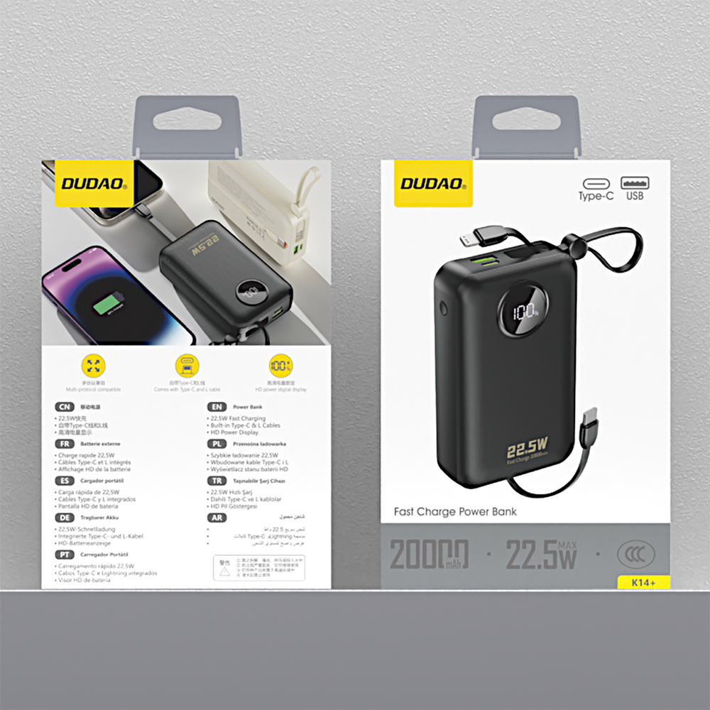 Dudao K14+ Powerbank 20000mAh 22.5W USB-C / USB-A / Built-in Lightning and USB-C Cables - Black_12