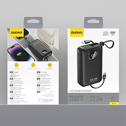 Dudao K14+ Powerbank 20000mAh 22.5W USB-C / USB-A / Built-in Lightning and USB-C Cables - Black_12