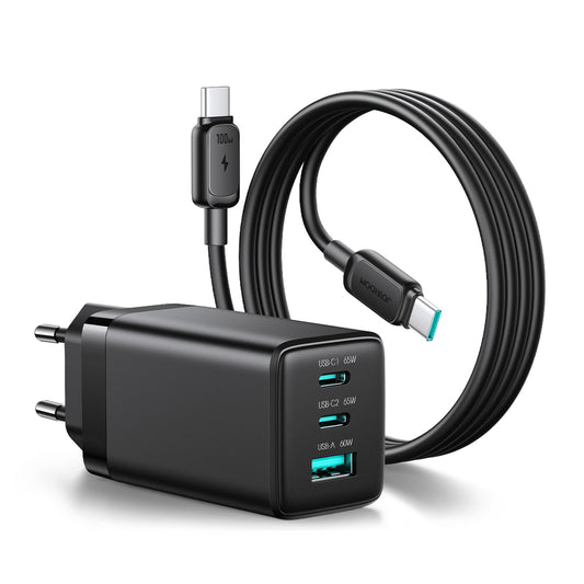 Wall Charger Joyroom JR-TG10, 65W, 3.25A, 1 x USB-A - 2 x USB-C, with USB-C Cable, Black _0