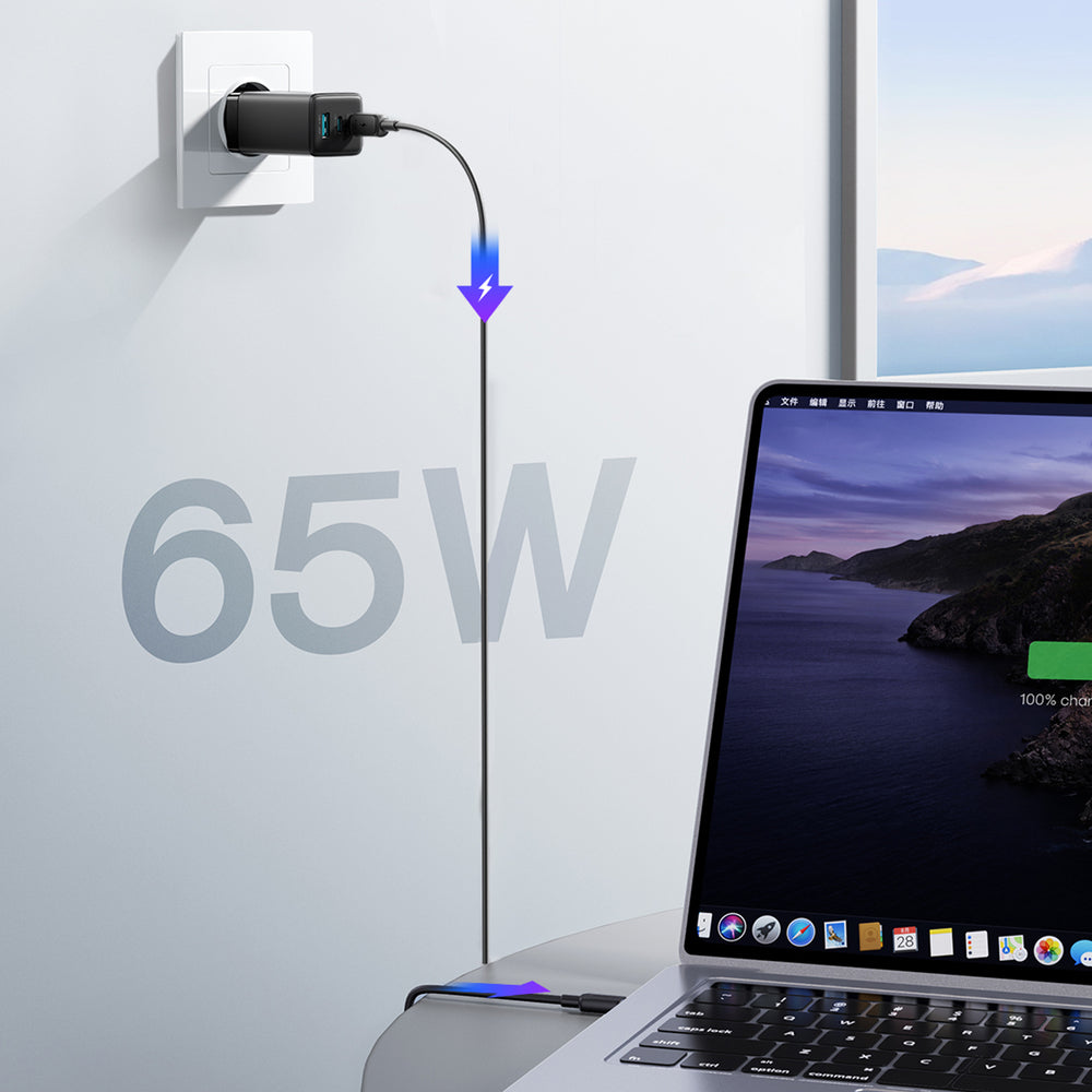 Wall Charger Joyroom JR-TG10, 65W, 3.25A, 1 x USB-A - 2 x USB-C, with USB-C Cable, Black _10