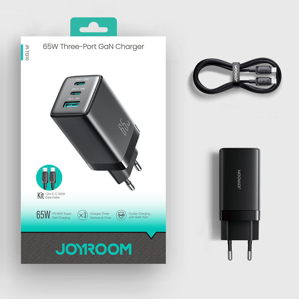 Wall Charger Joyroom JR-TG10, 65W, 3.25A, 1 x USB-A - 2 x USB-C, with USB-C Cable, Black _12