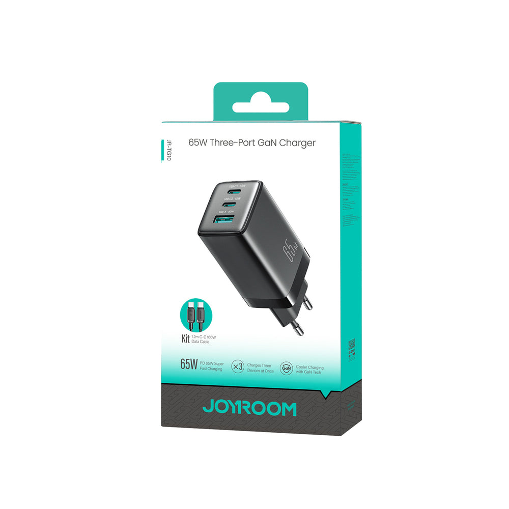 Wall Charger Joyroom JR-TG10, 65W, 3.25A, 1 x USB-A - 2 x USB-C, with USB-C Cable, Black _2