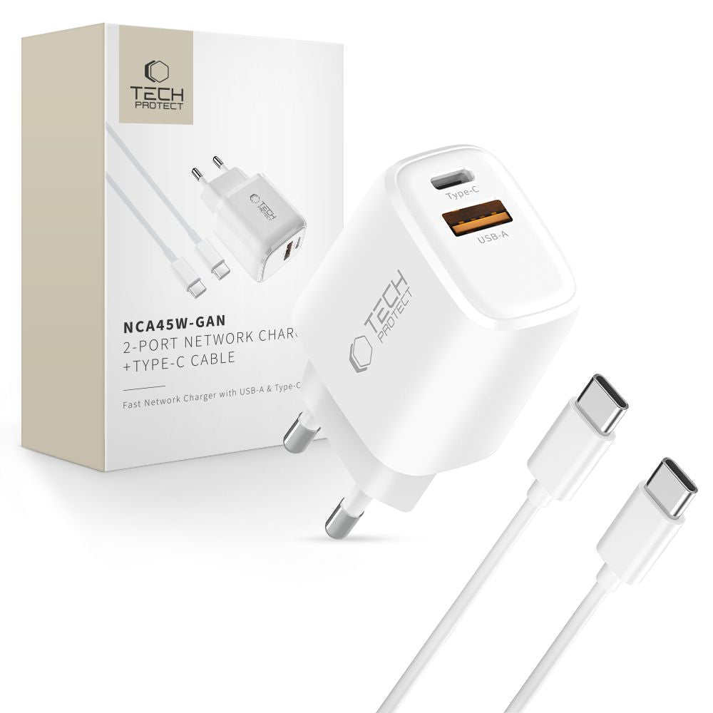 Tech-Protect NCA45W-GAN 2-Port 45W Wall Charger with USB-C Cable - White_0