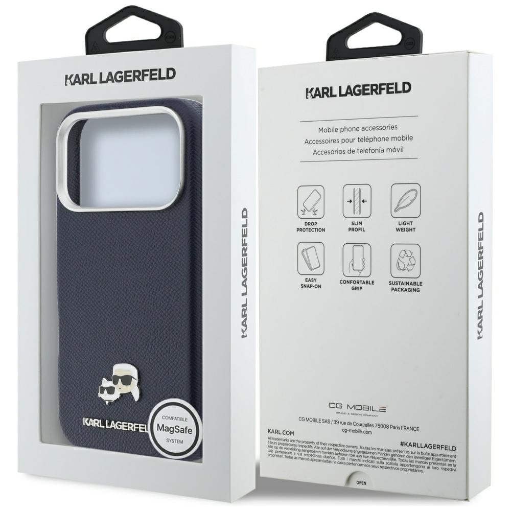 Karl Lagerfeld Karl &amp; Choupette Head Pins Saffiano MagSafe Case for iPhone 17 Pro Max - Blue_7