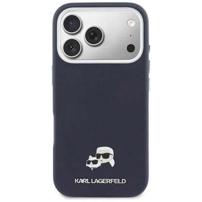 Karl Lagerfeld Karl &amp; Choupette Head Pins Saffiano MagSafe Case for iPhone 17 Pro - Blue_2