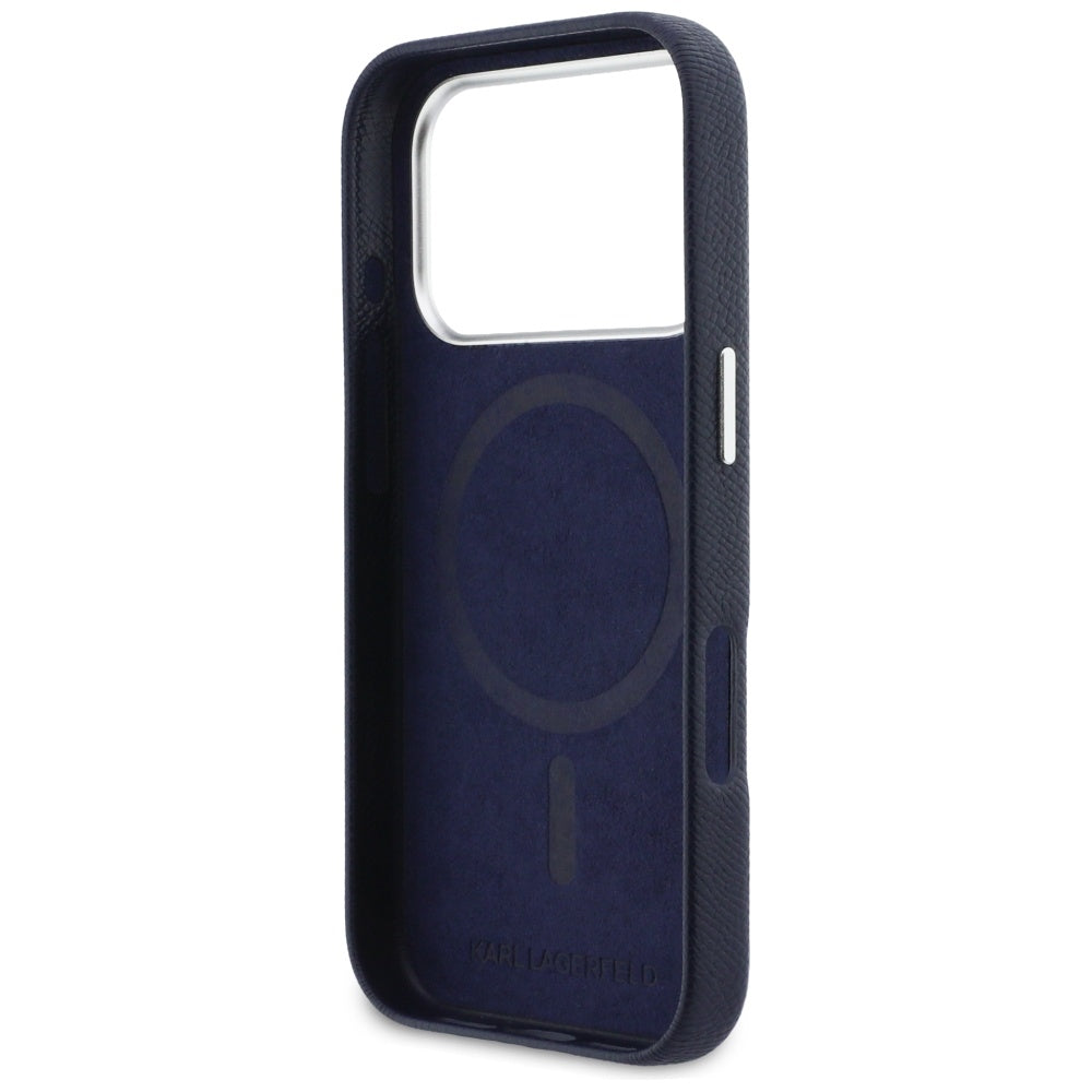 Karl Lagerfeld Karl &amp; Choupette Head Pins Saffiano MagSafe Case for iPhone 17 Pro - Blue_6