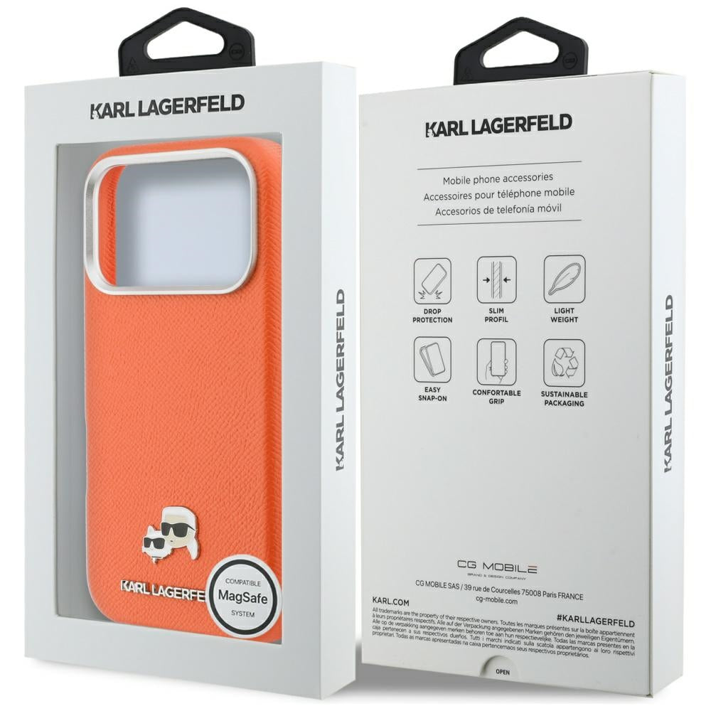 Karl Lagerfeld Karl &amp; Choupette Head Pins Saffiano MagSafe Case for iPhone 17 Pro - Orange_7