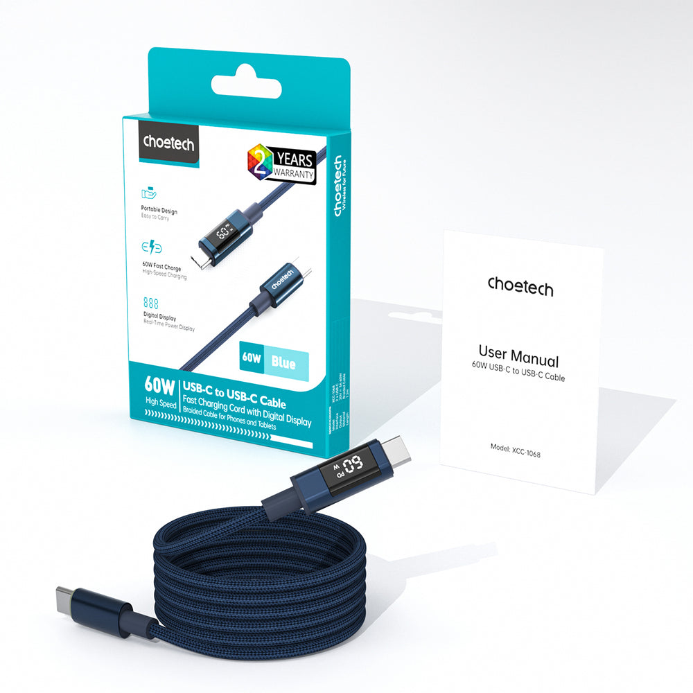 Choetech XCC-1068 PD 60W USB-C - USB-C Cable with Display 1.2 m - Blue_2
