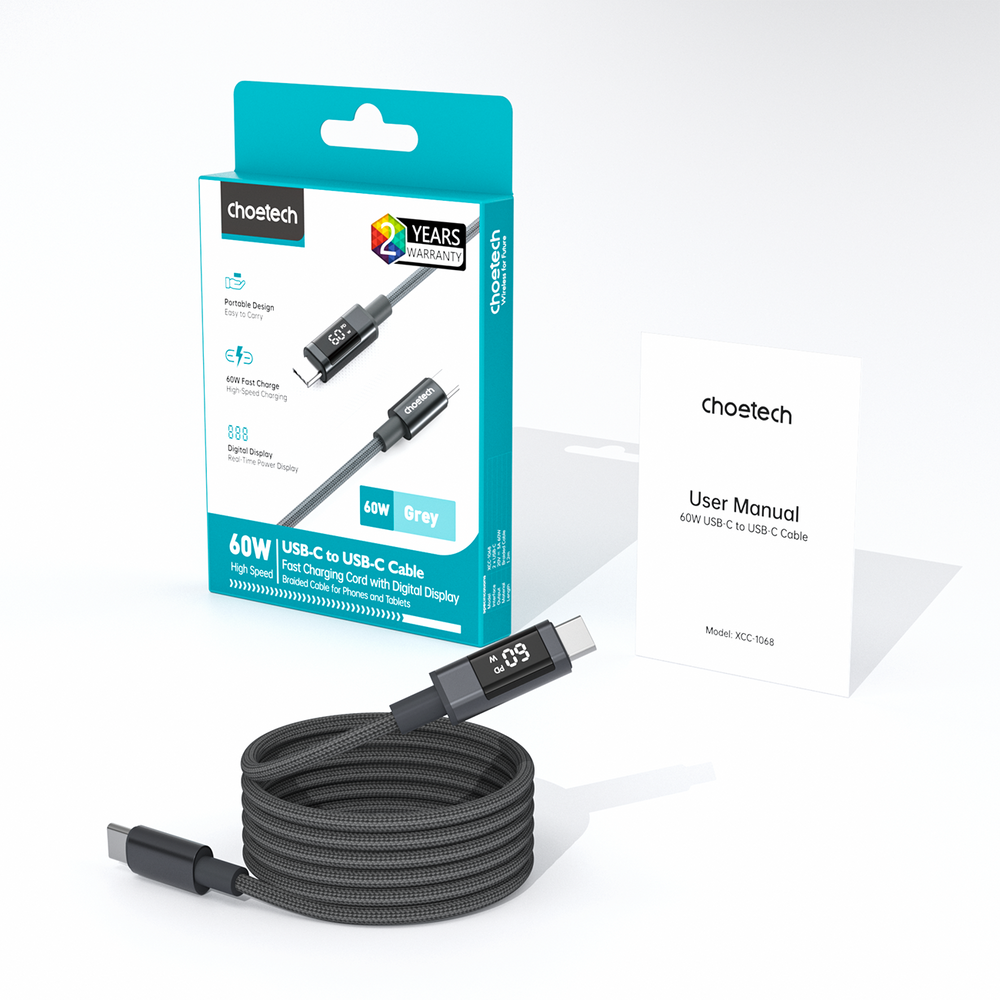 Choetech XCC-1068 PD 60W USB-C - USB-C Cable with Display 1.2 m - Black_2