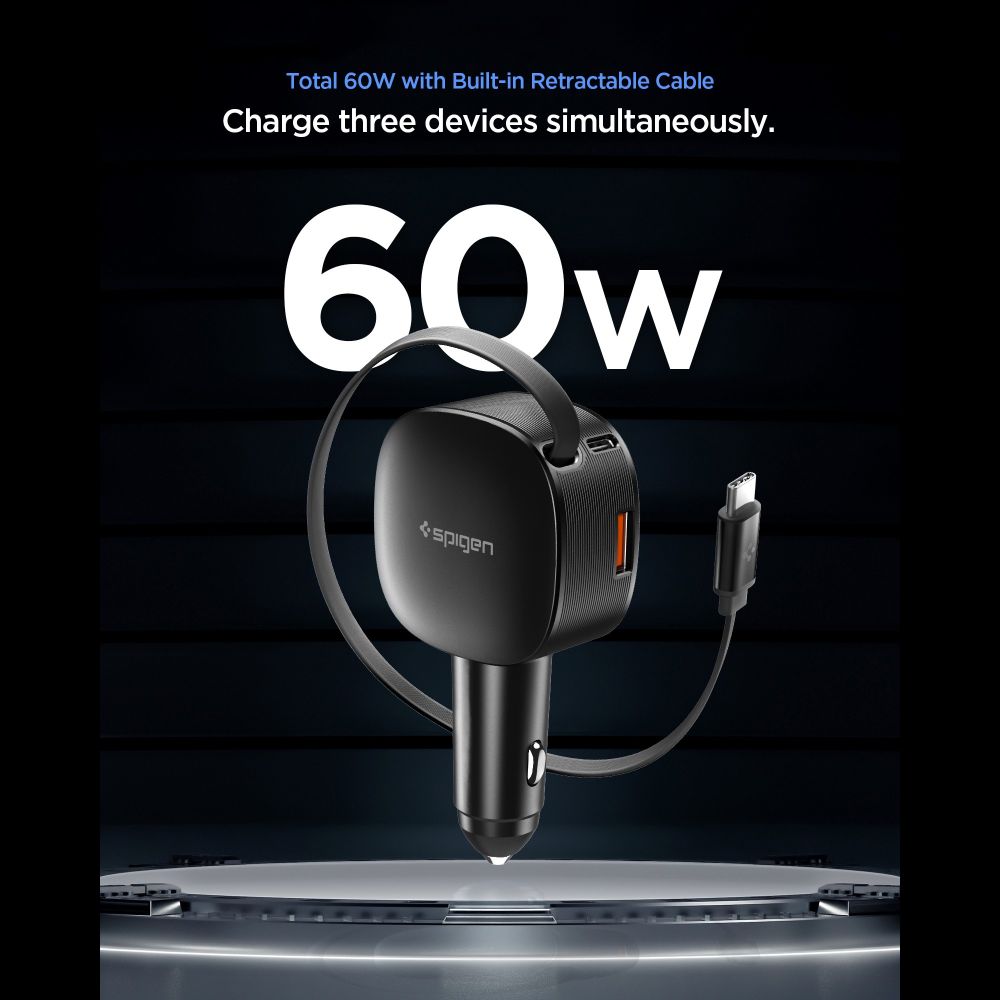 Car Charger Spigen EV603BT Essential, 60W, 3A, 1 x USB-A - 1 x USB-C, with USB-C Cable, Black ACP10515_1