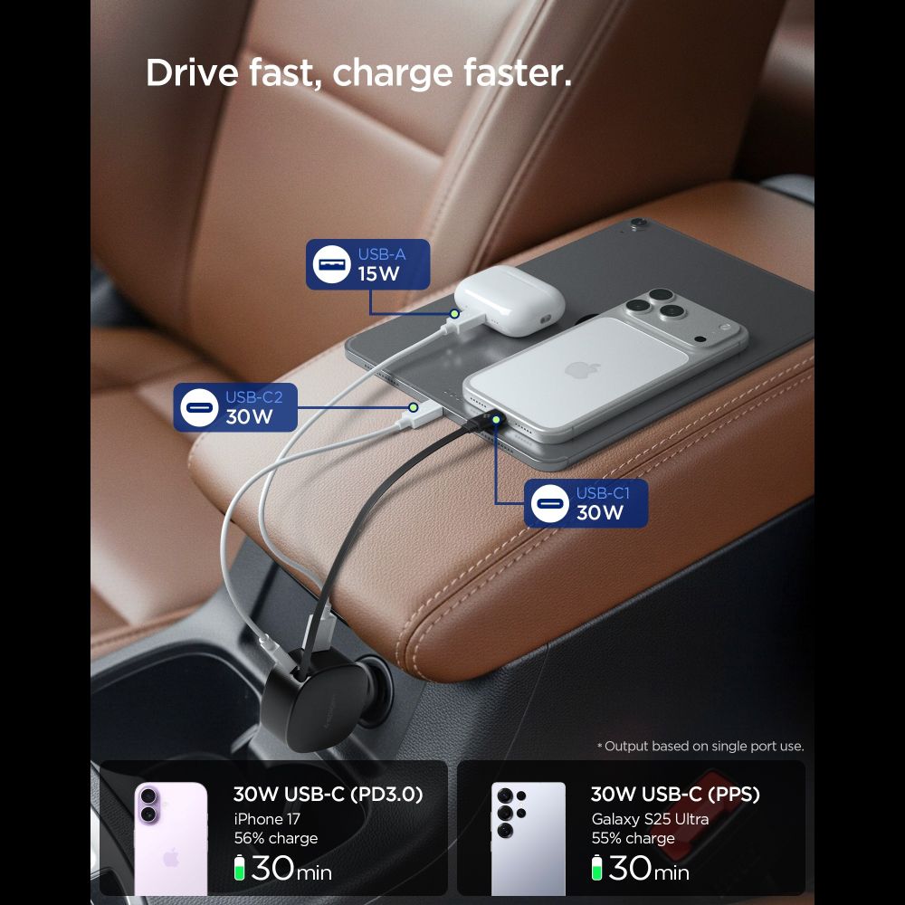 Car Charger Spigen EV603BT Essential, 60W, 3A, 1 x USB-A - 1 x USB-C, with USB-C Cable, Black ACP10515_2