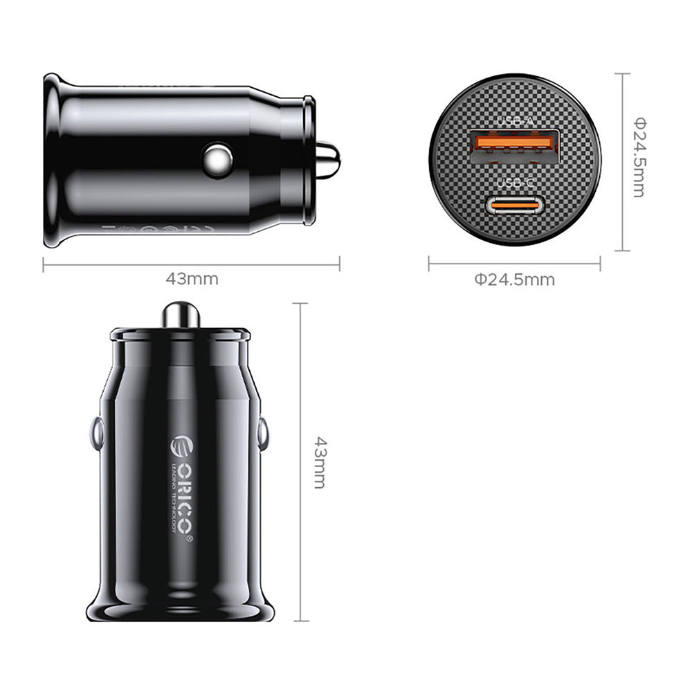 Car Charger Orico PowerMini, 30W, 3A, 1 x USB-A - 1 x USB-C, Black _1