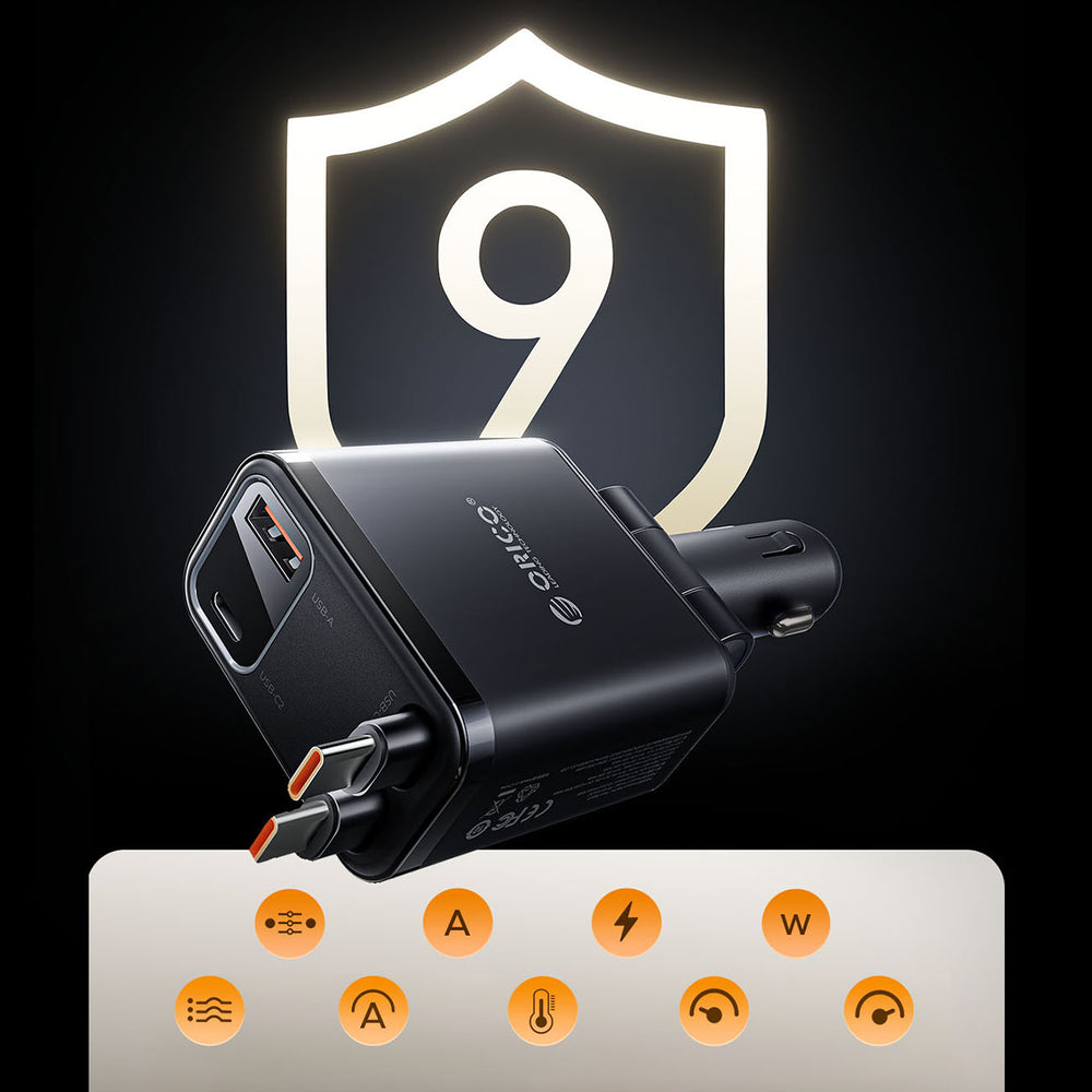 Orico Twin Reach 45W USB-A + USB-C Car Charger with Two Retractable USB-C Cables - Black_12