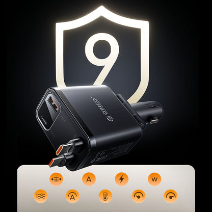 Orico Twin Reach 45W USB-A + USB-C Car Charger with Two Retractable USB-C Cables - Black_12