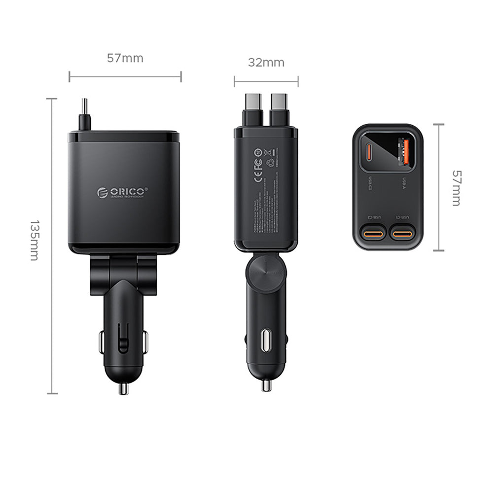 Orico Twin Reach 45W USB-A + USB-C Car Charger with Two Retractable USB-C Cables - Black_1