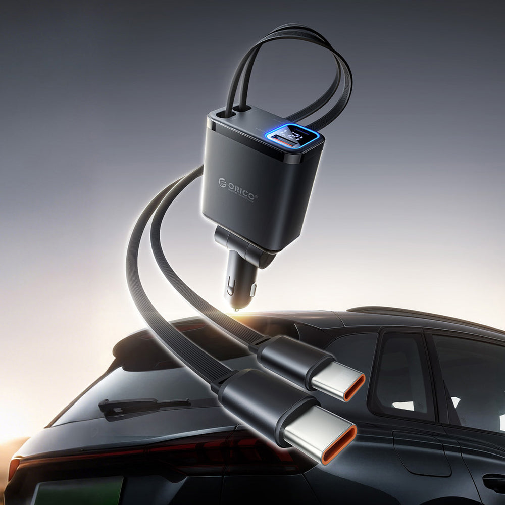 Orico Twin Reach 45W USB-A + USB-C Car Charger with Two Retractable USB-C Cables - Black_2