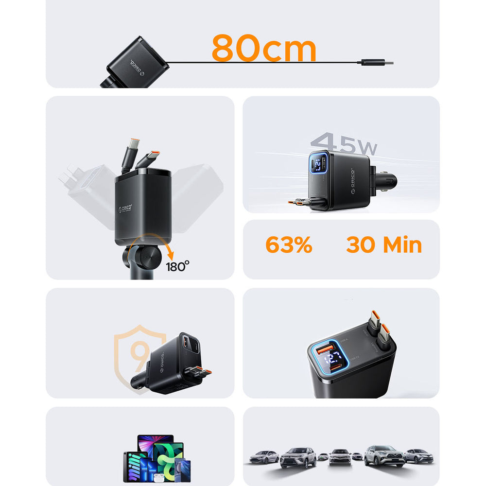 Orico Twin Reach 45W USB-A + USB-C Car Charger with Two Retractable USB-C Cables - Black_3