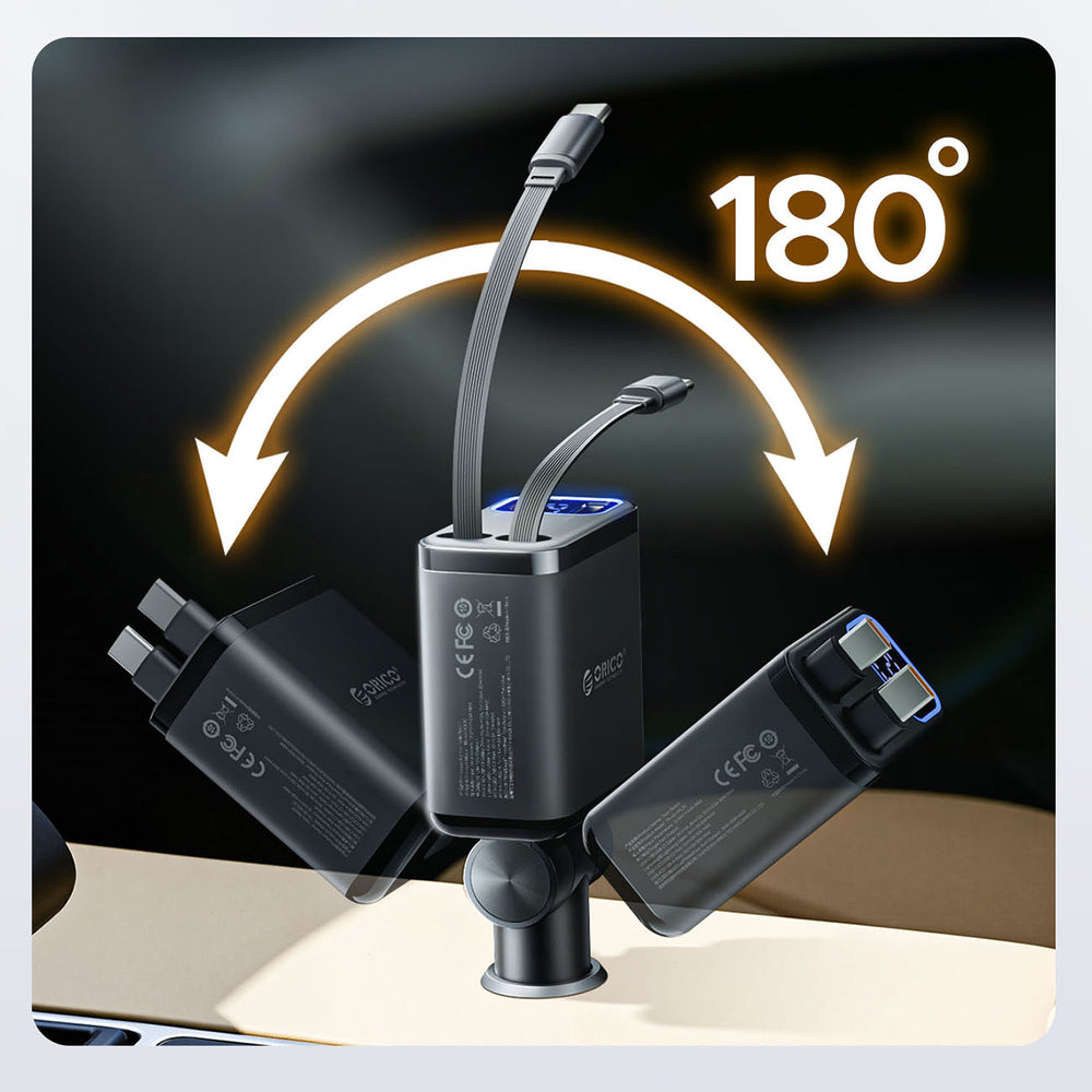 Orico Twin Reach 45W USB-A + USB-C Car Charger with Two Retractable USB-C Cables - Black_5