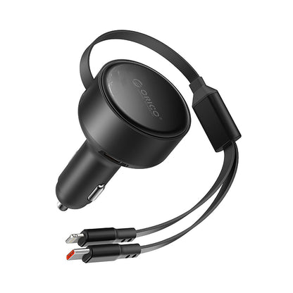 Orico Dual Stretch 60W USB-C Car Charger with Two Retractable USB-C + Lightning Cables - Black_0