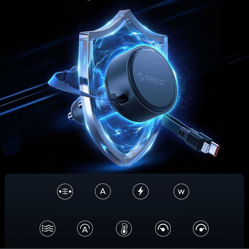 Orico Dual Stretch 60W USB-C Car Charger with Two Retractable USB-C + Lightning Cables - Black_11
