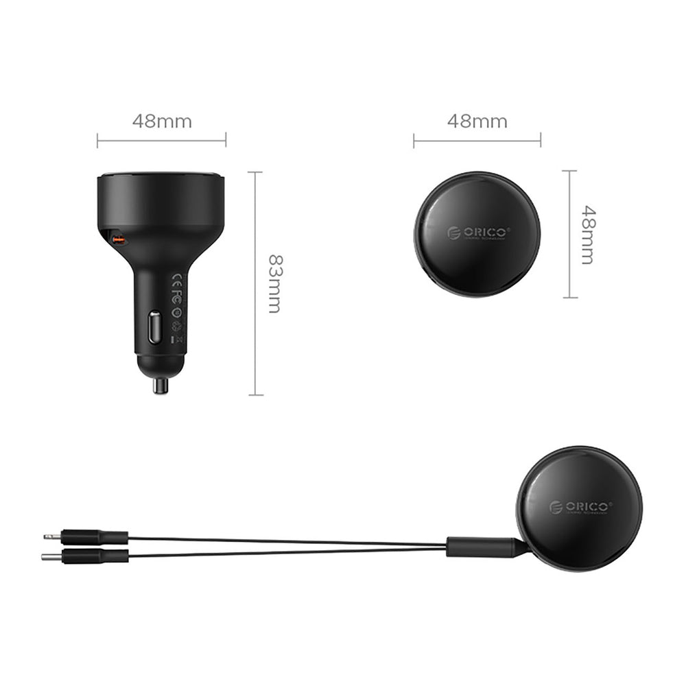 Orico Dual Stretch 60W USB-C Car Charger with Two Retractable USB-C + Lightning Cables - Black_1