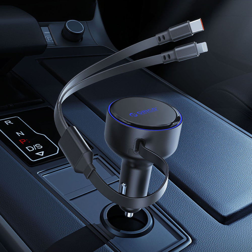 Orico Dual Stretch 60W USB-C Car Charger with Two Retractable USB-C + Lightning Cables - Black_2