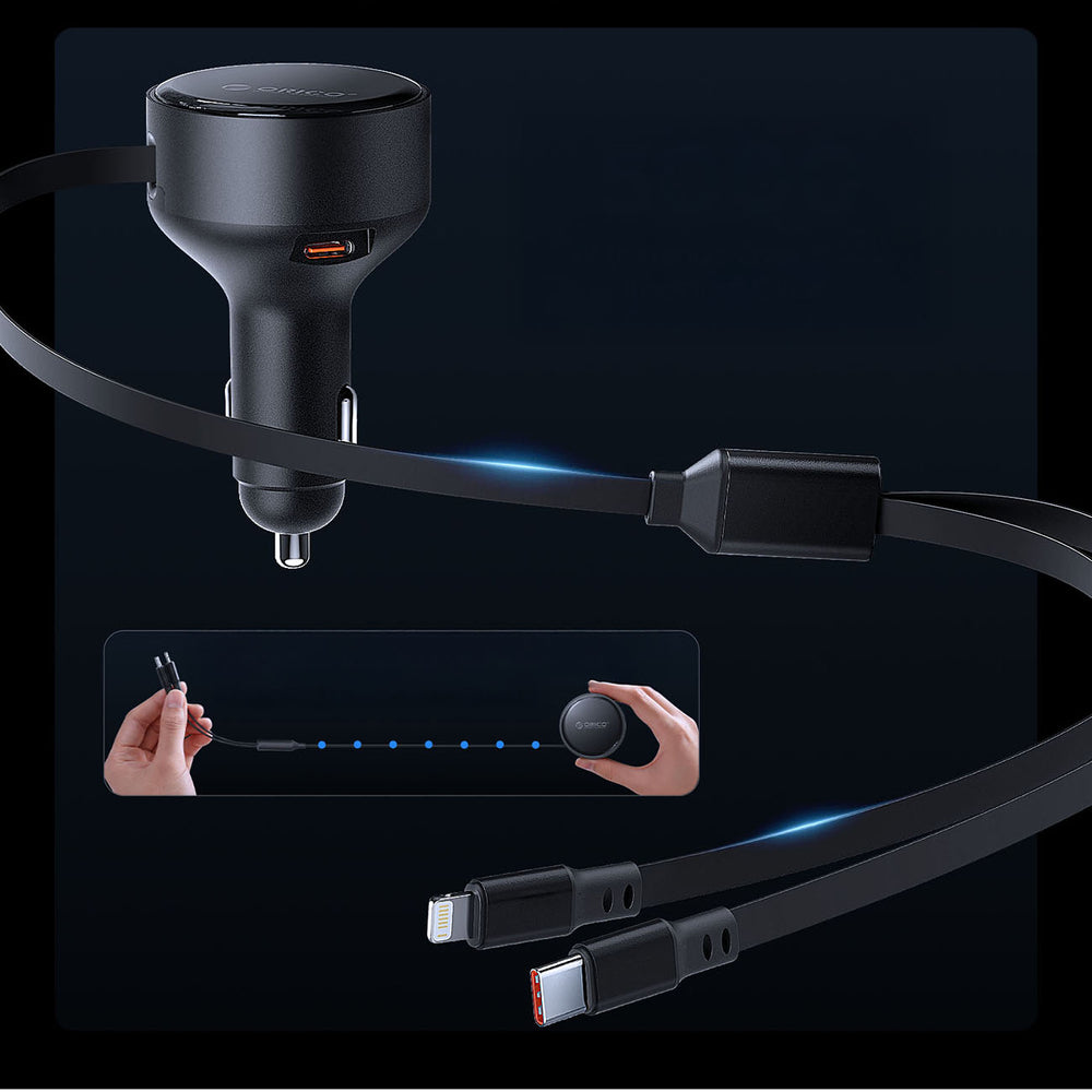 Orico Dual Stretch 60W USB-C Car Charger with Two Retractable USB-C + Lightning Cables - Black_4