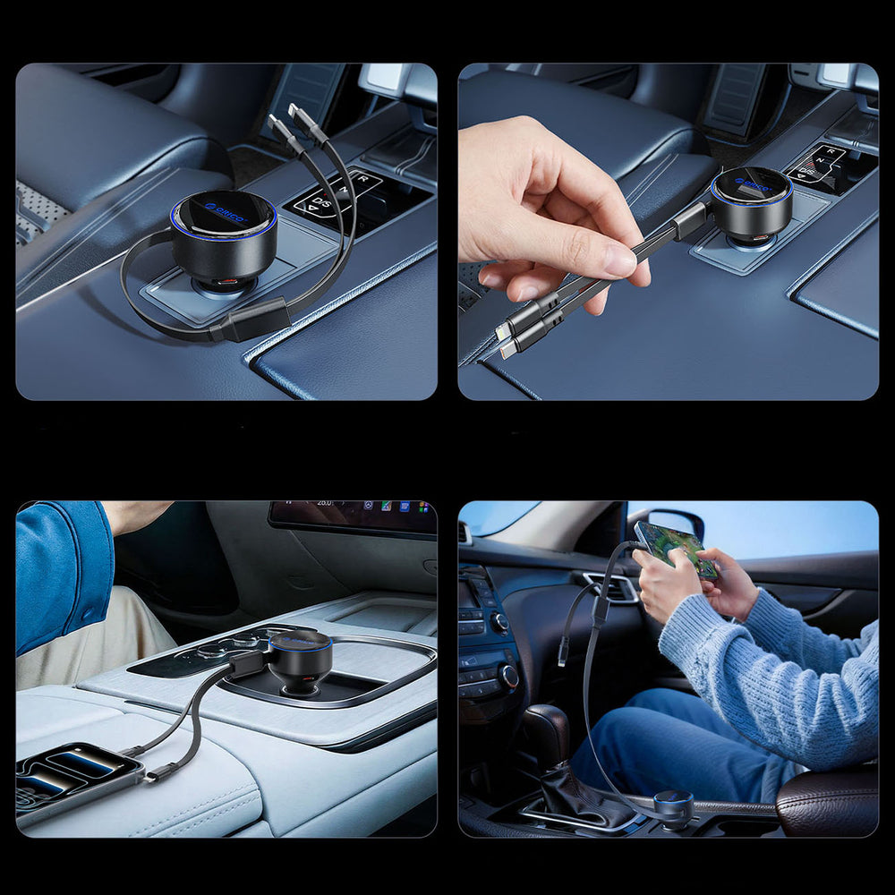 Orico Dual Stretch 60W USB-C Car Charger with Two Retractable USB-C + Lightning Cables - Black_5