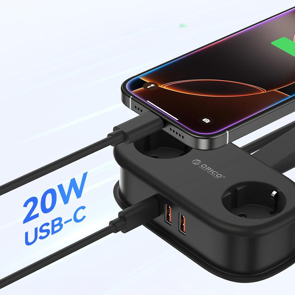 Orico AP3 20W GaN 5in1 Power Strip 2x AC + 2x USB-A + 1x USB-C - Black_3