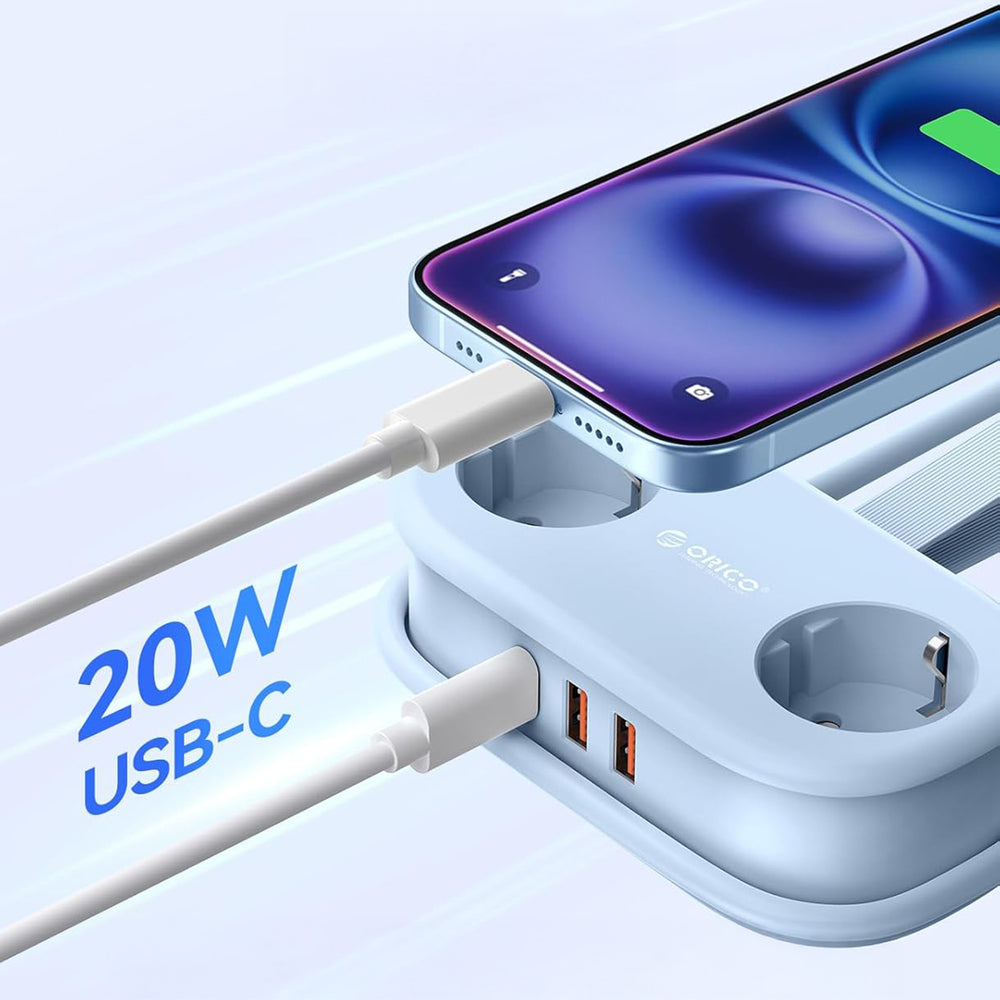 Orico AP3 20W GaN 5in1 Power Strip 2x AC + 2x USB-A + 1x USB-C - Blue_1