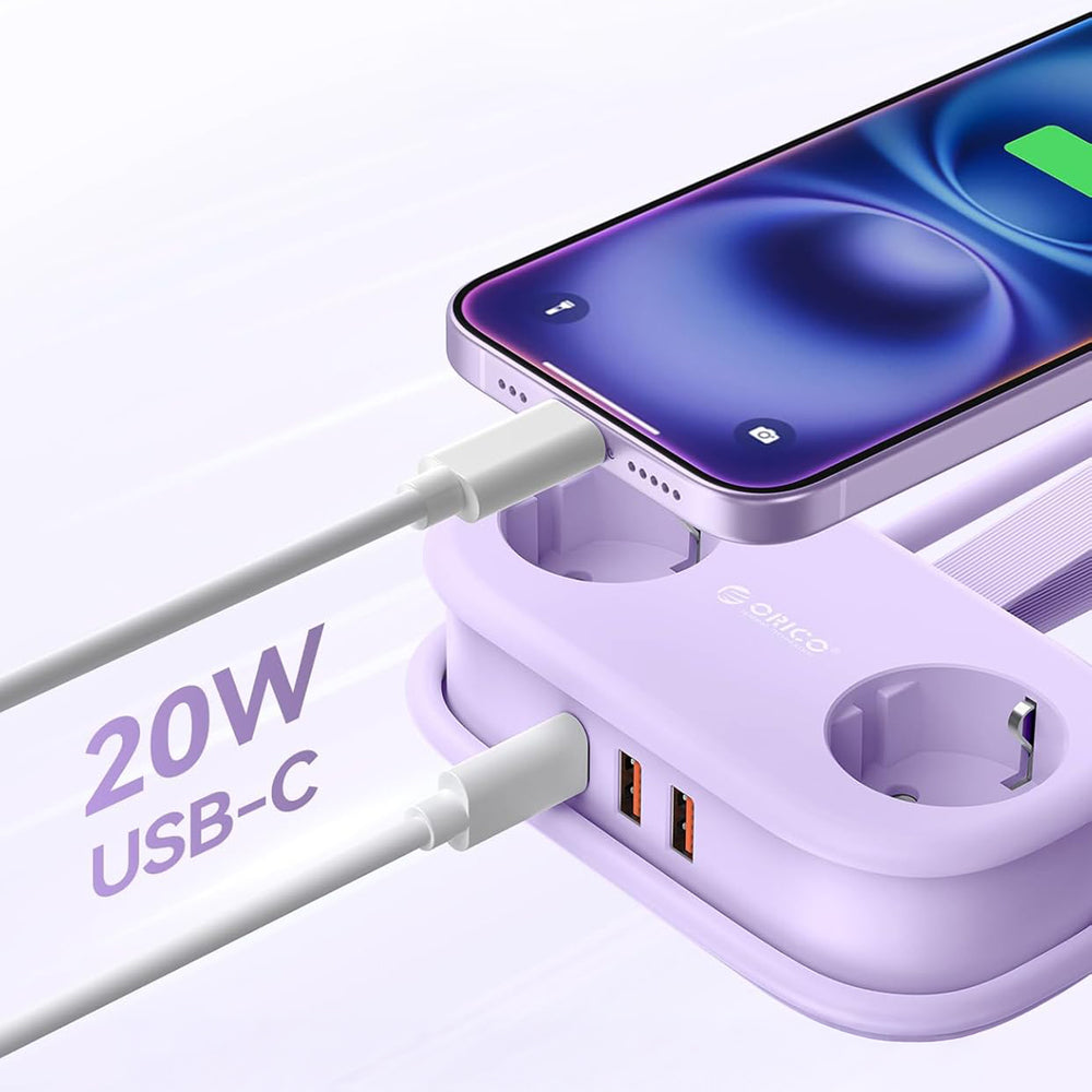 Orico AP3 20W GaN 5in1 Power Strip 2x AC + 2x USB-A + 1x USB-C - Purple_3