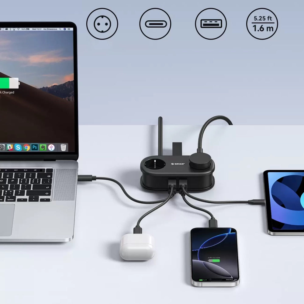 Power Strip Orico AP3, 2 x Schuko - 2 x USB-A - 2 x USB-C, Black _4