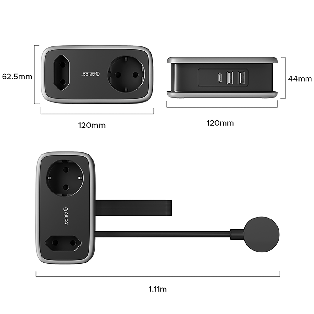 Orico APP 15.5W 5in1 Power Strip 2x AC + 2x USB-A + 1x USB-C - Black_3