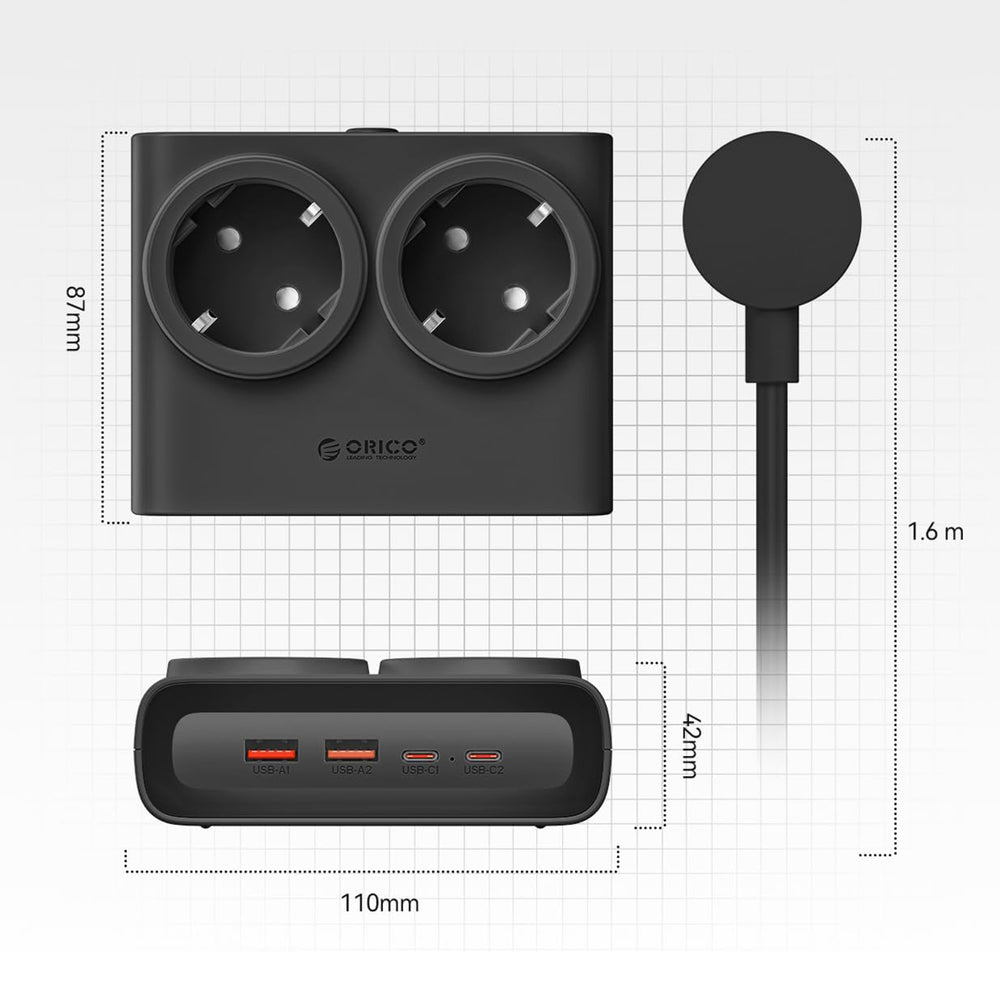 Orico PDC25 25W 6in1 Power Strip 2x AC + 2x USB-A + 2x USB-C - Black_4