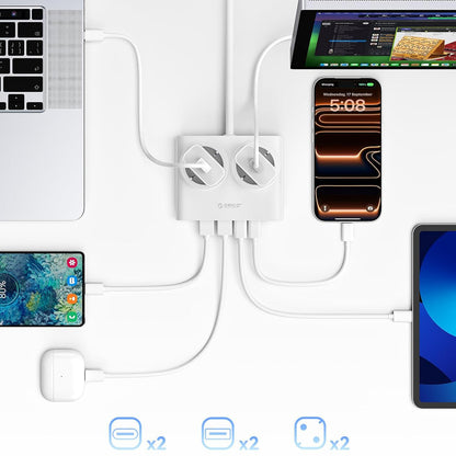 Orico PDC25 25W 6in1 Power Strip 2x AC + 2x USB-A + 2x USB-C - White_5