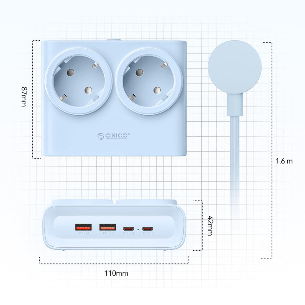 Orico PDC25 25W 6in1 Power Strip 2x AC + 2x USB-A + 2x USB-C - Blue_3