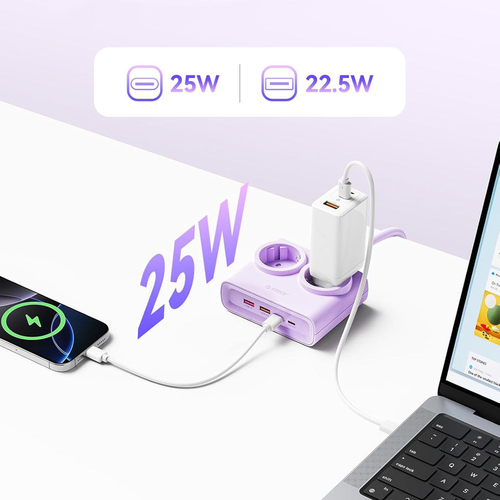 Orico PDC25 25W 6in1 Power Strip 2x AC + 2x USB-A + 2x USB-C - Purple_2