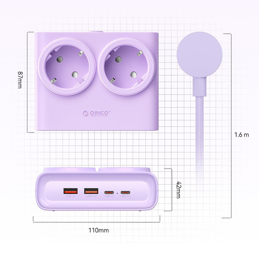 Orico PDC25 25W 6in1 Power Strip 2x AC + 2x USB-A + 2x USB-C - Purple_4