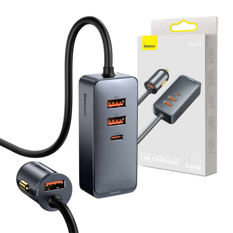 Car charger Baseus Share Together with extension cord, 3x USB, USB-C, 120W (grey)_0
