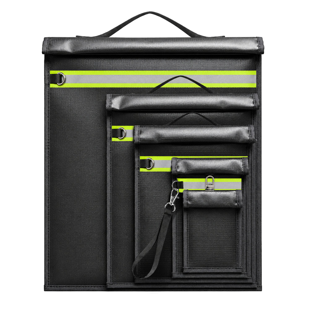 Set of 5 Fireproof RFID Blocking Bags OTN-5R with Handle and Reflector - Black_0