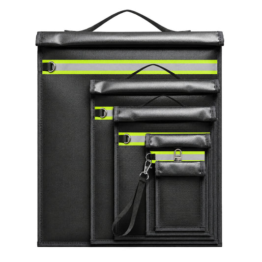 Set of 5 Fireproof RFID Blocking Bags OTN-5R with Handle and Reflector - Black_0