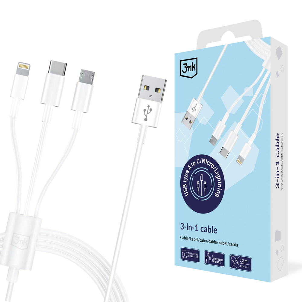 3mk Cable 3in1 USB-A - micro USB / Lightning / USB-C 1.2m 20V/2.4A 15W - white_0