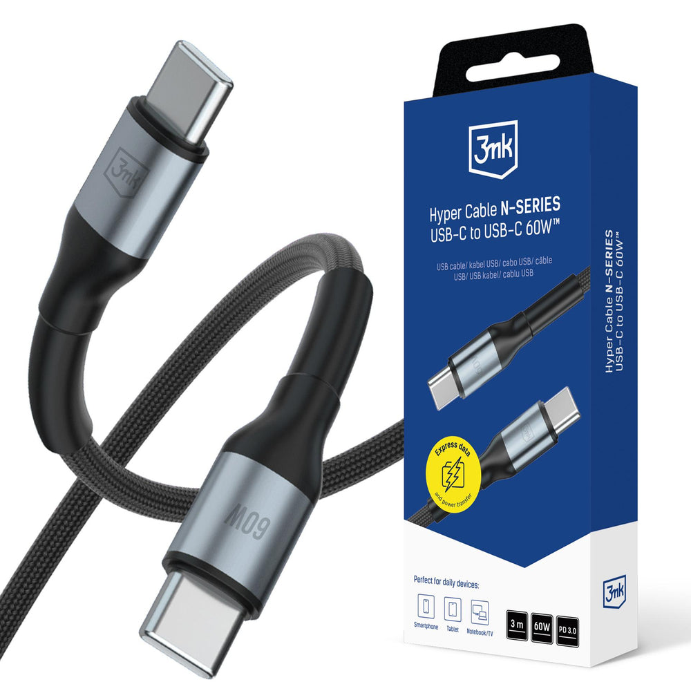 3mk Hyper Cable N-SERIES USB-C / USB-C 3m PD 3.0 QC 3.0 20V/3A 60W - black_0