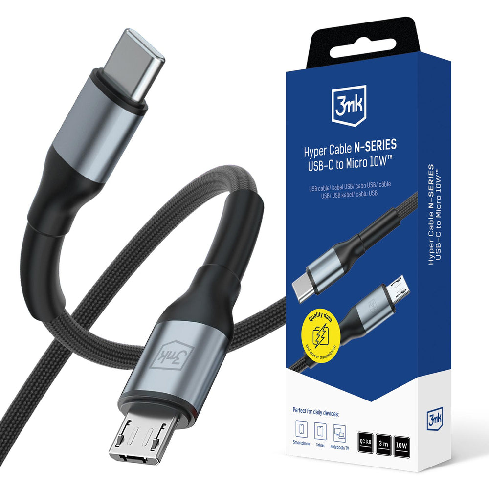 3mk Hyper Cable N-SERIES USB-C / MicroUSB 3m QC 3.0 5V/2A 10W - black_0