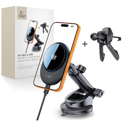 Tech-Protect V21 MagSafe Car Holder with 25W QI2.2 Inductive Charger for Cockpit/Windshield/Air Vent - Black_0
