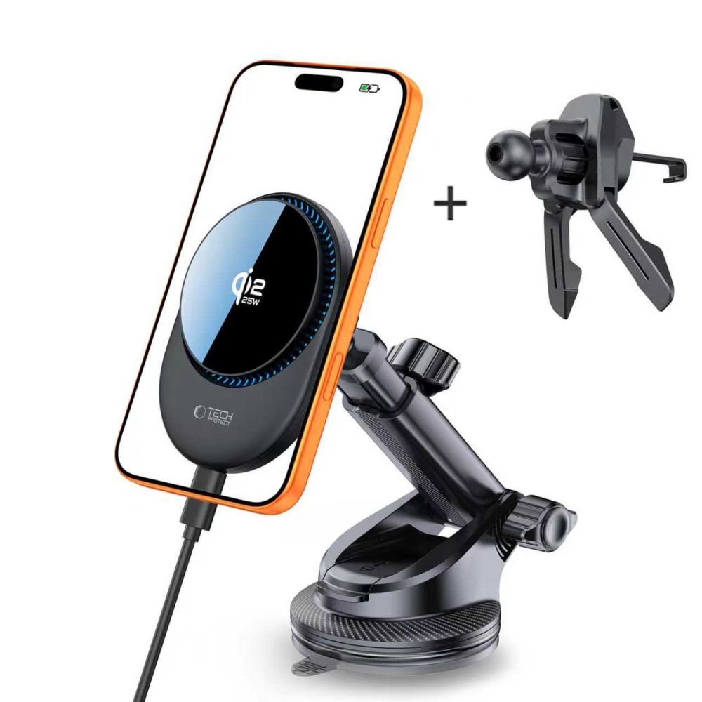 Tech-Protect V21 MagSafe Car Holder with 25W QI2.2 Inductive Charger for Cockpit/Windshield/Air Vent - Black_1