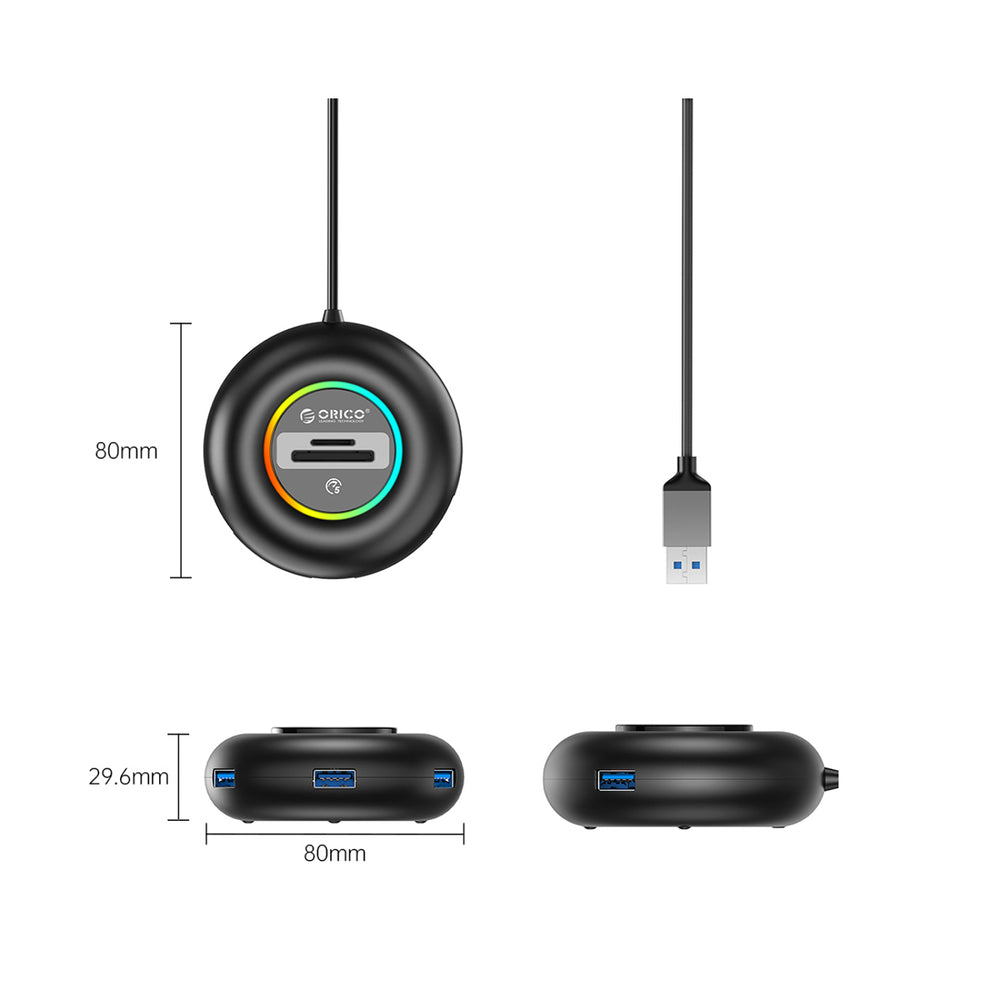 Orico YXR5-U3 RGB USB Hub 4-Port USB-A 3.0 with SD and microSD Card Reader 0.3m - Black_1