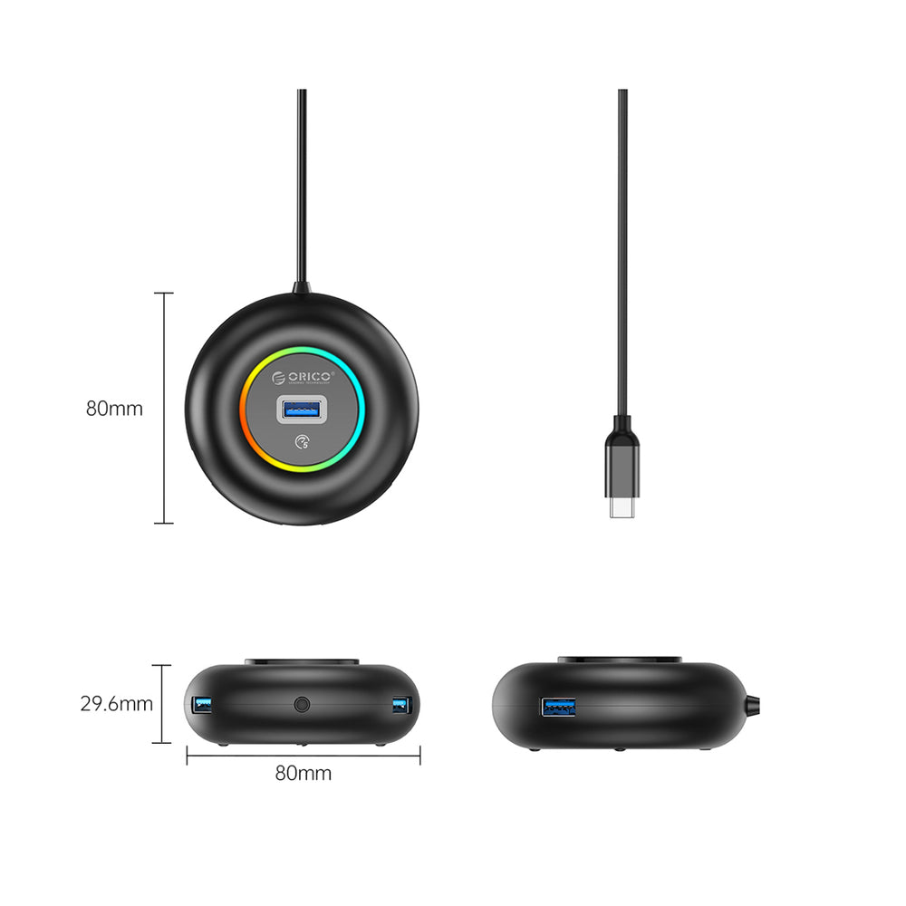 Orico YXR4-C3 RGB USB Hub 4-Port USB-A 3.0 with Audio/Microphone Port 1.8m - Black_1