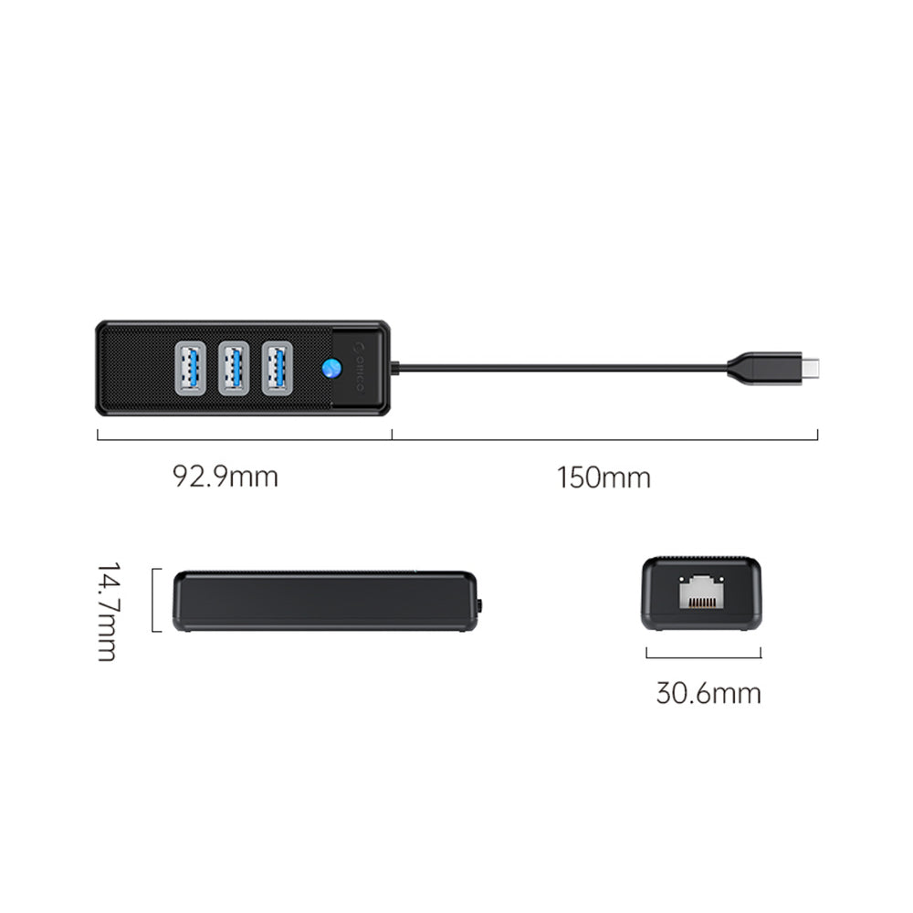 Orico PW3UR25-C3 USB Hub 4-Port 3x USB-A 3.0 1x RJ45 2.5G Ethernet 0.15m - Black_2